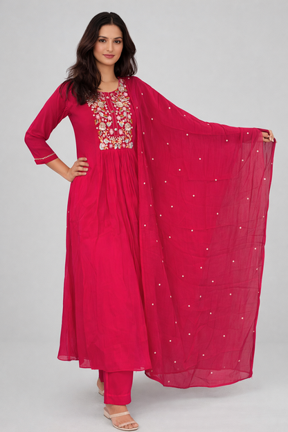Hot Pink Anarkali Suit Set with Floral Embroidered Yoke & Dotted Dupatta