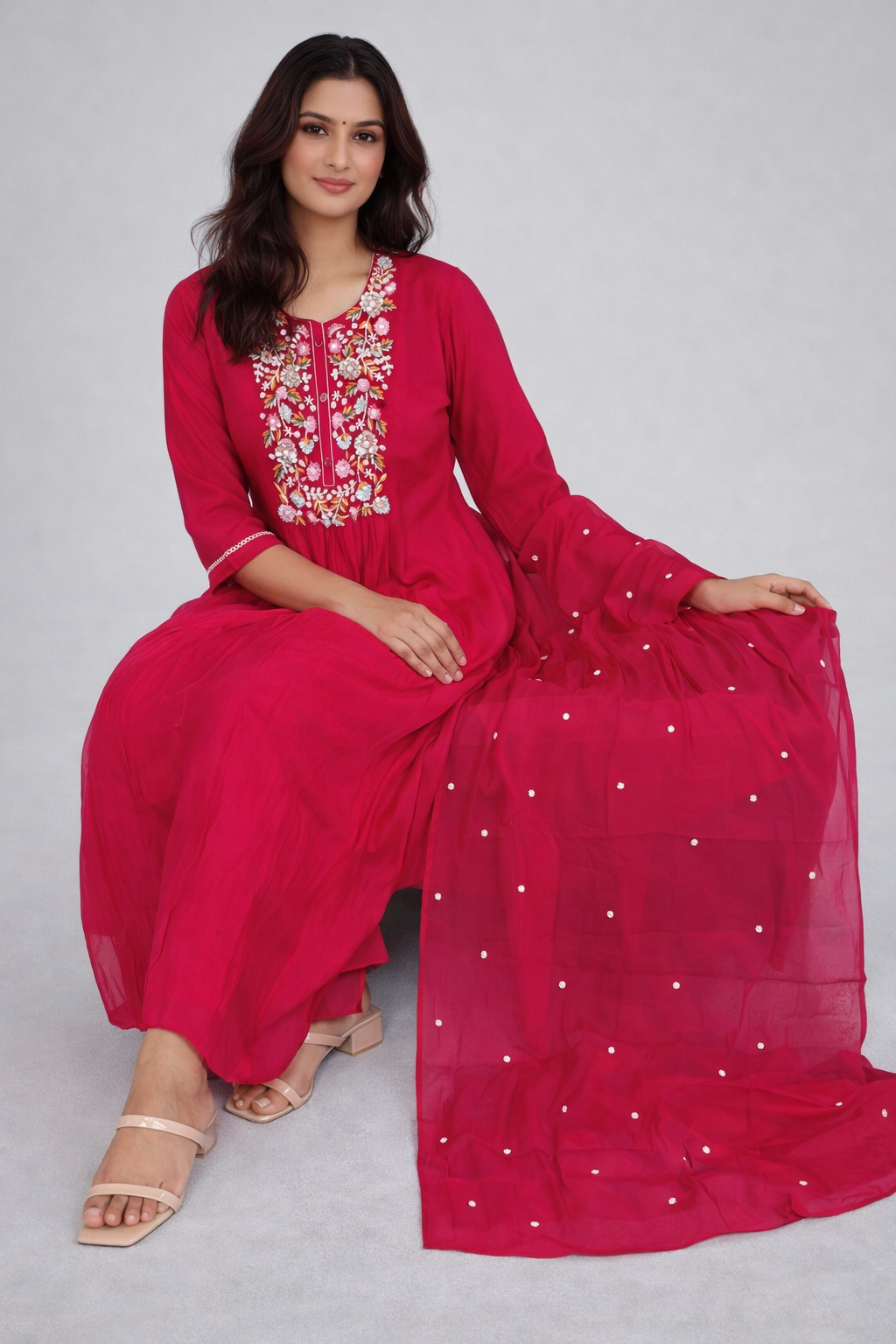 Hot Pink Anarkali Suit Set with Floral Embroidered Yoke & Dotted Dupatta