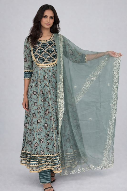 Sea Green Printed Anarkali Suit Set with Embroidered Yoke & Organza Dupatta