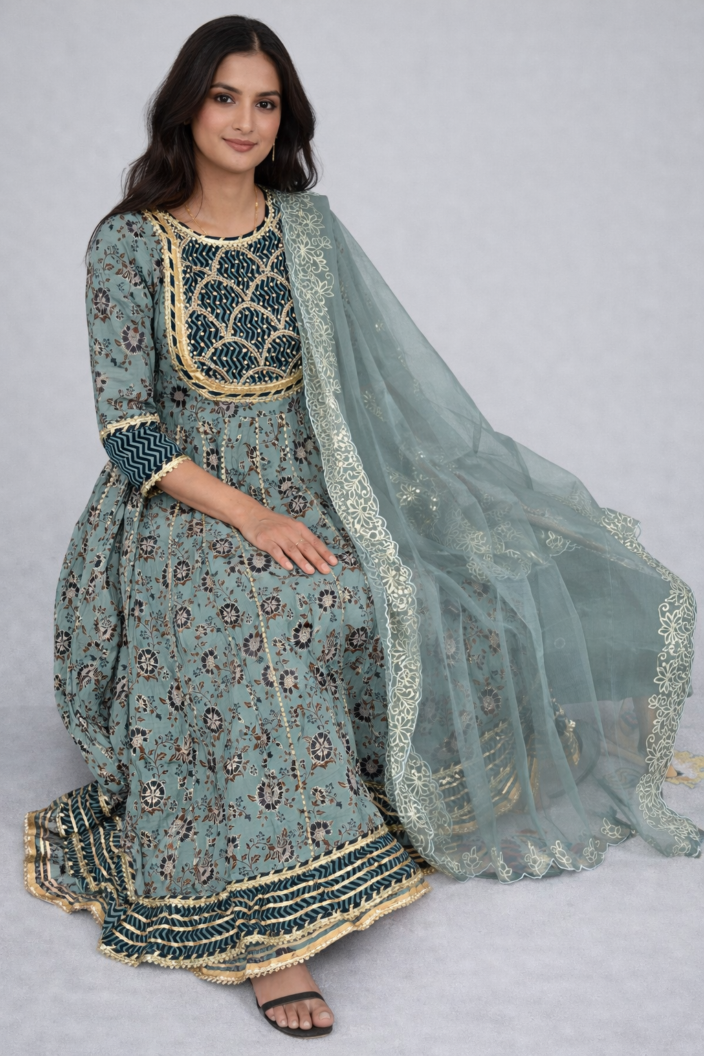 Sea Green Printed Anarkali Suit Set with Embroidered Yoke & Organza Dupatta