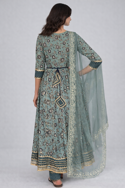 Sea Green Printed Anarkali Suit Set with Embroidered Yoke & Organza Dupatta