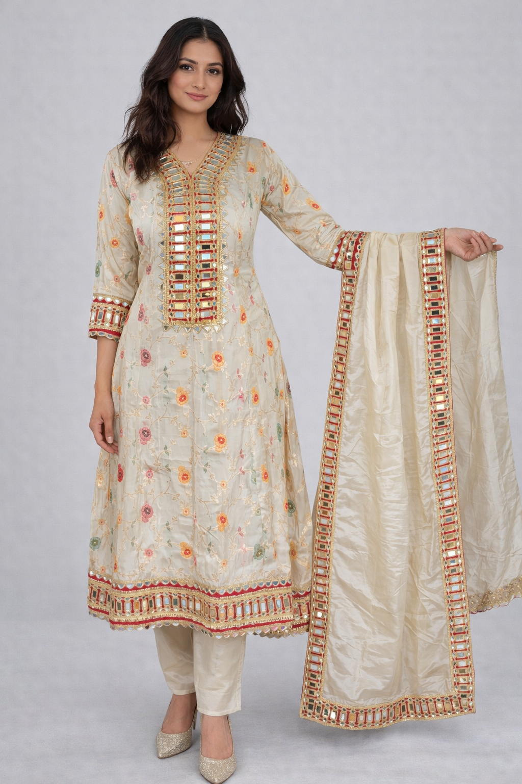Ivory Floral Embroidered Tissue Anarkali Suit Set with Mirror Work
