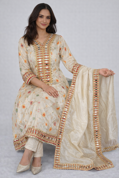 Ivory Floral Embroidered Tissue Anarkali Suit Set with Mirror Work