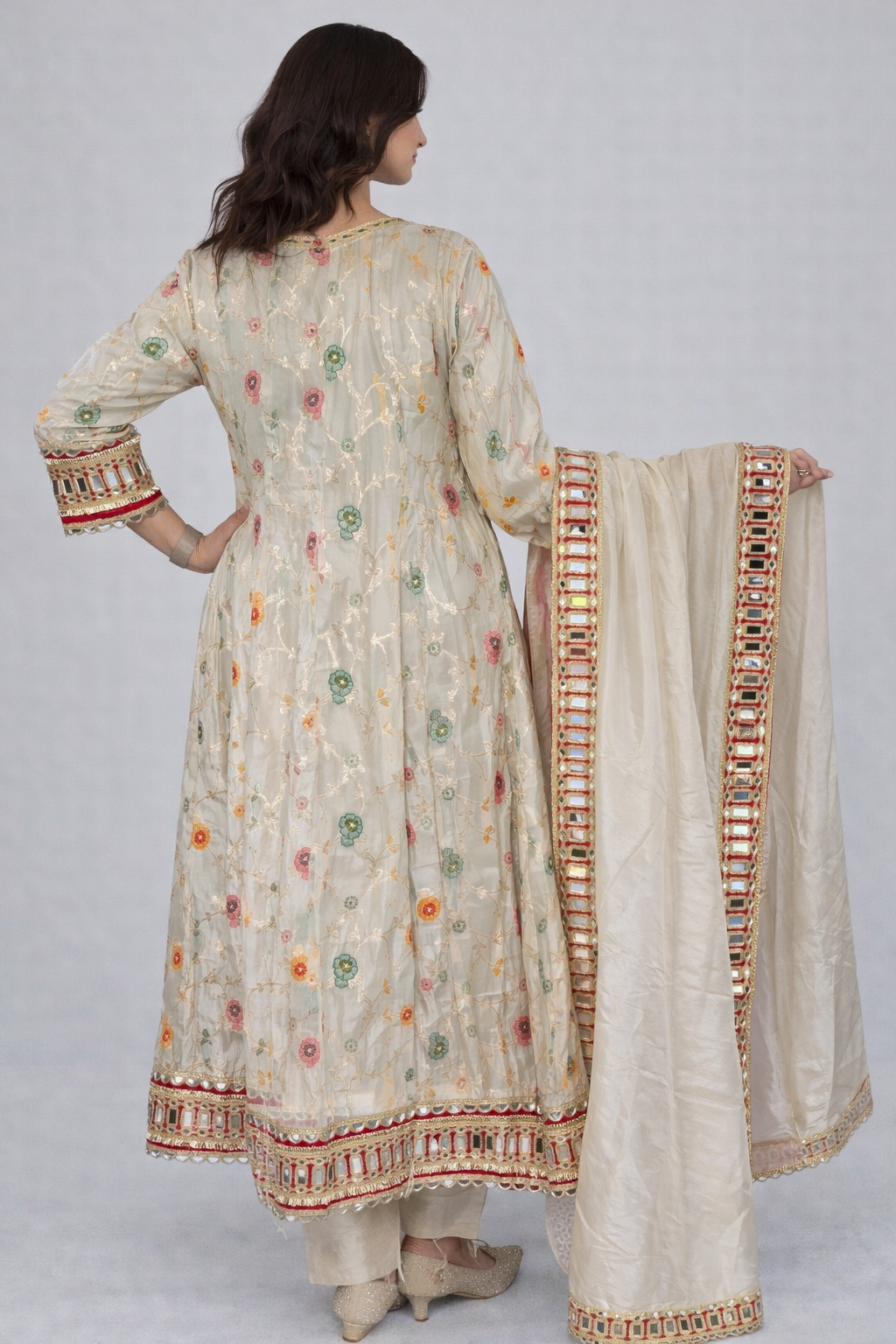 Ivory Floral Embroidered Tissue Anarkali Suit Set with Mirror Work