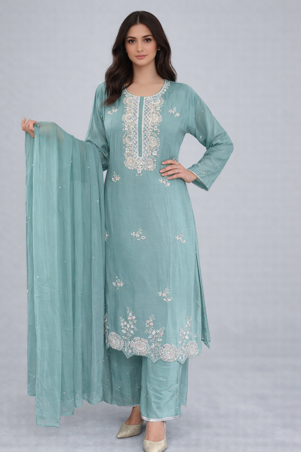 Sea Green Heavy Sequenced and Cut Dana Embroidered Set