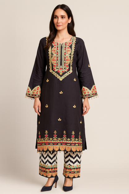 Black embroidered digital muslin kurta set with chevron pants by Adishee Australia