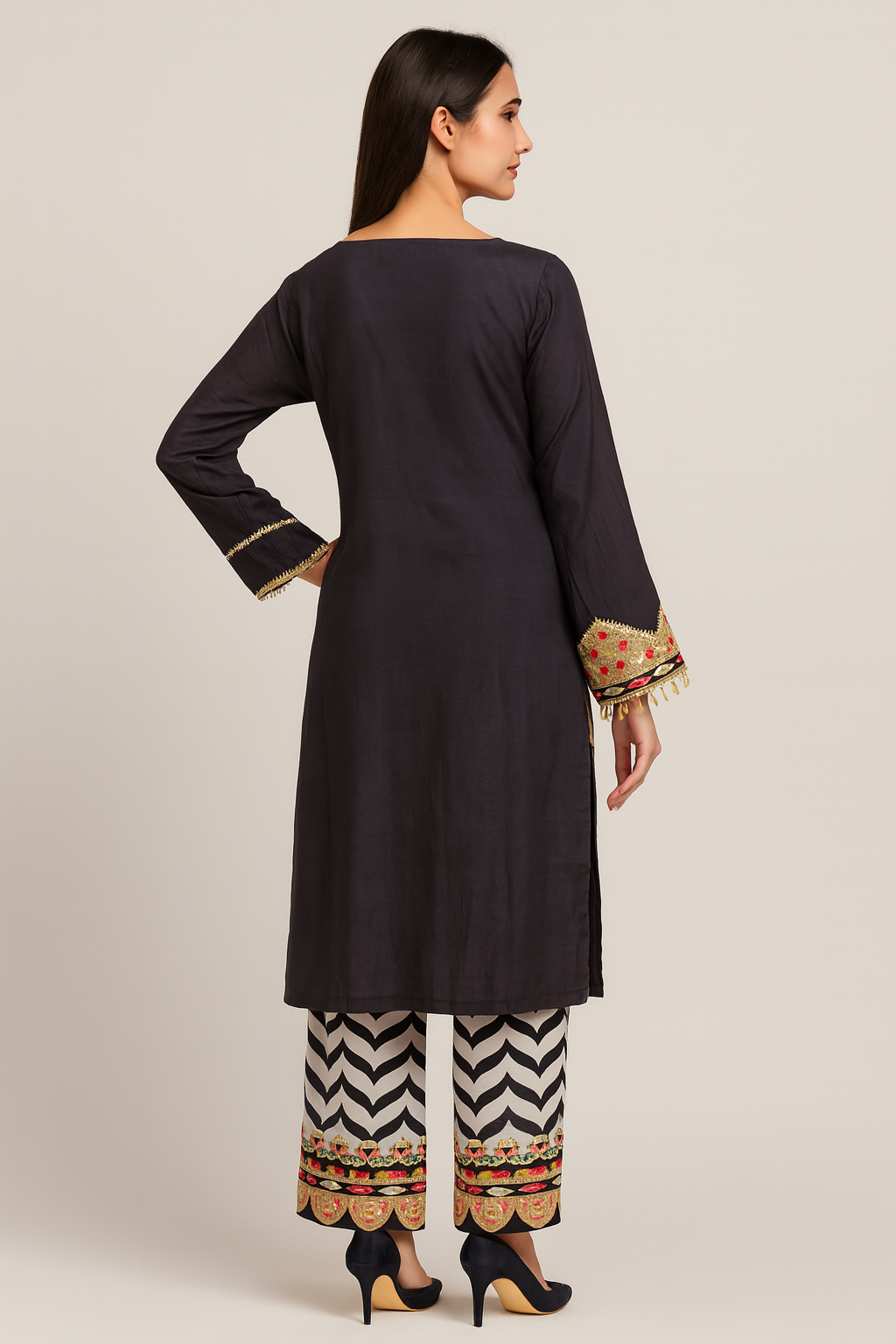 Black Indo Western kurta set for festive wear by Adishee Australia