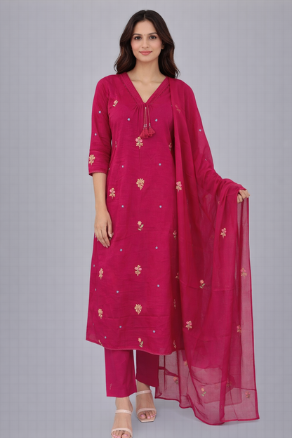 Rani Pink Straight Mul Cotton Kurta Set with Embroidered Motifs and Dupatta