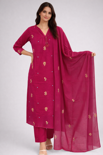 Rani Pink Straight Mul Cotton Kurta Set with Embroidered Motifs and Dupatta