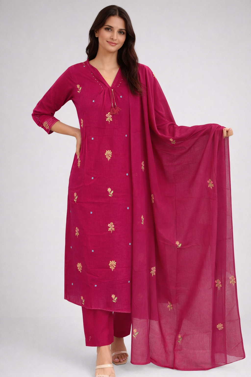 Hot Pink Anarkali Suit Set with Floral Embroidered Yoke & Dotted Dupatta