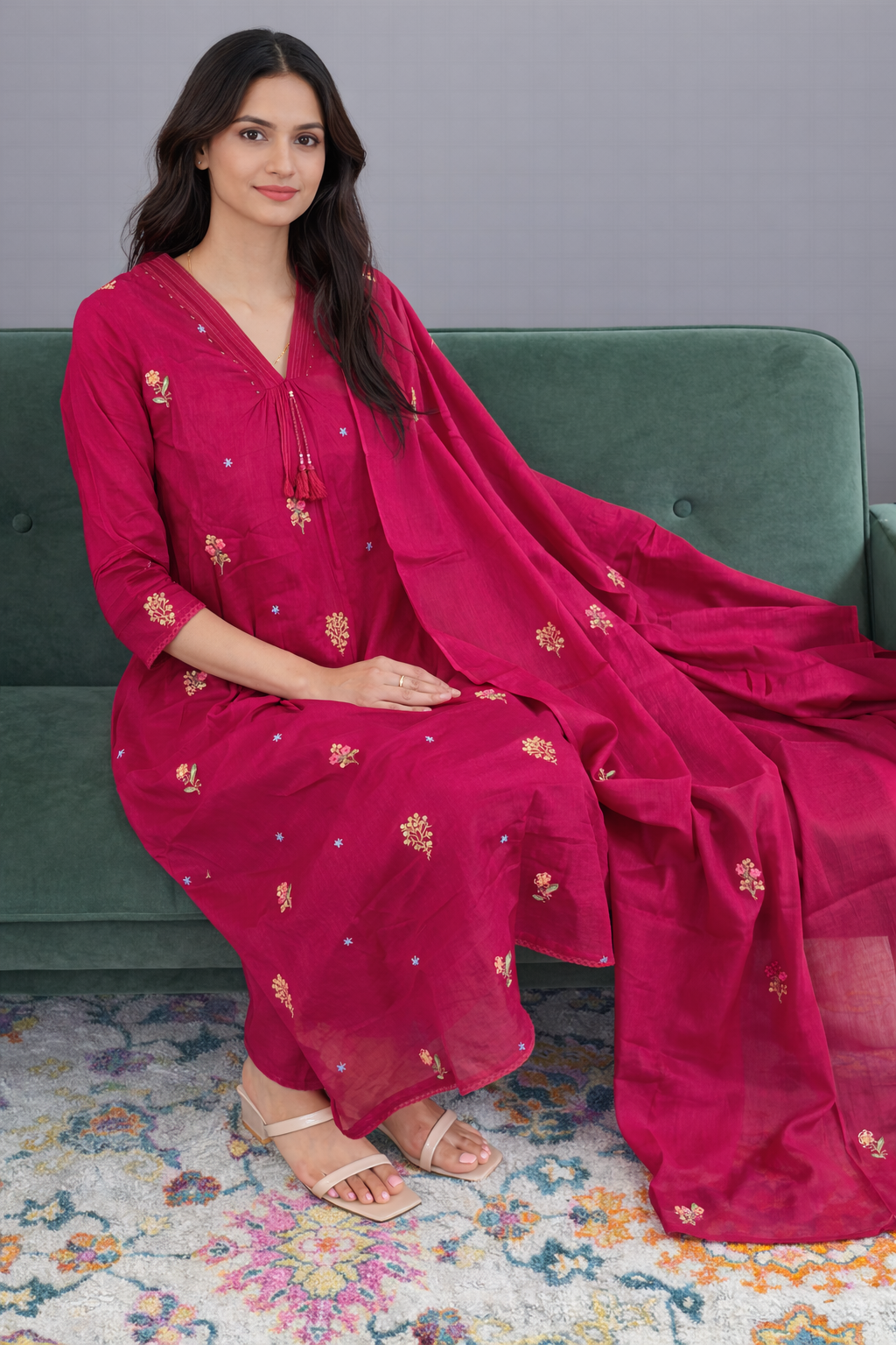 Hot Pink Anarkali Suit Set with Floral Embroidered Yoke & Dotted Dupatta
