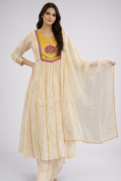Ivory Suit Set with Rich Gaji Patch Work and Detailed Hand Embroidery