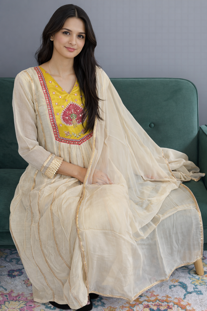 Ivory Suit Set with Rich Gaji Patch Work and Detailed Hand Embroidery