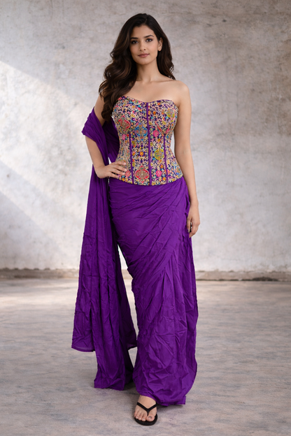 Purple Draped Indo Western Set with Multicolor Embroidered Corset Blouse