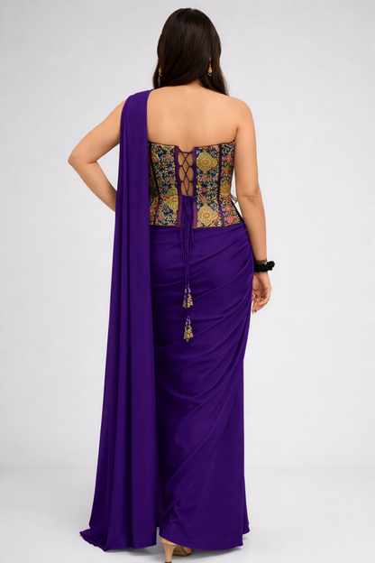 Purple Draped Indo Western Set with Multicolor Embroidered Corset Blouse