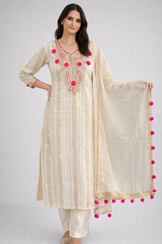 Cream Striped Chanderi Silk Kurta Set with Pom Pom