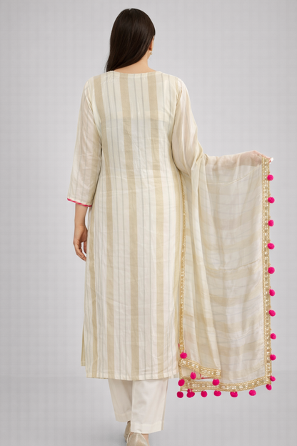Cream Striped Chanderi Silk Kurta Set with Pom Pom