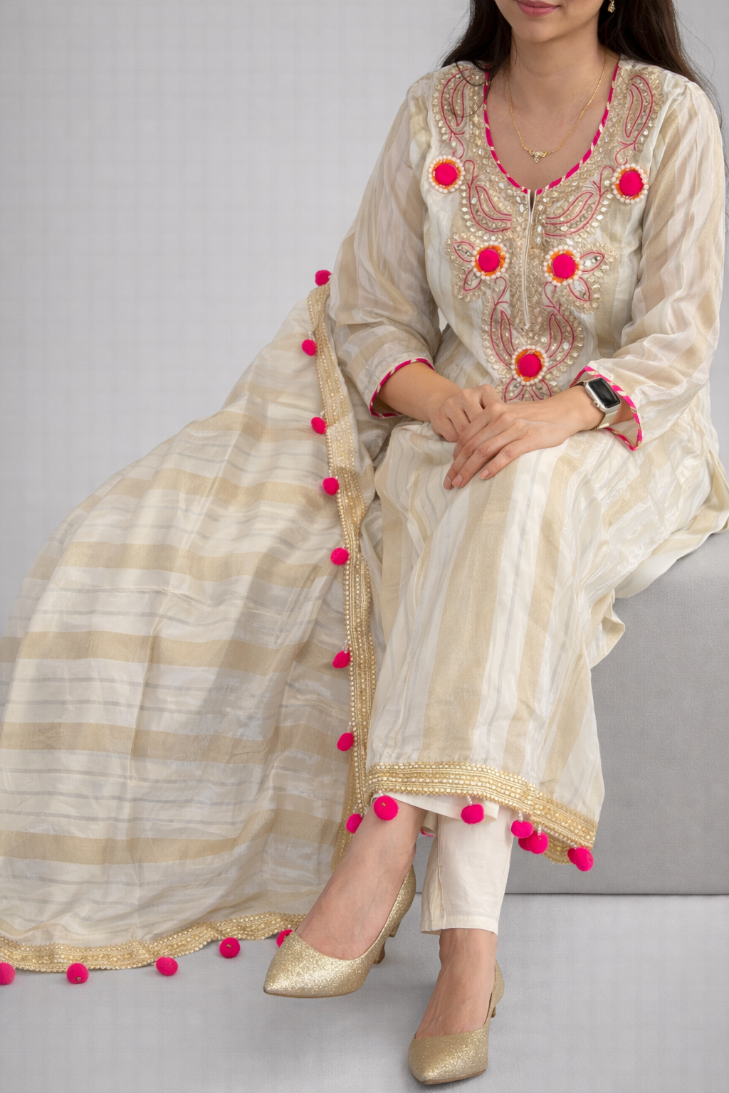 Cream Striped Chanderi Silk Kurta Set with Pom Pom