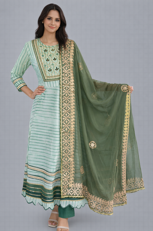 Mint Green Printed Anarkali Suit Set with Olive Embroidered Dupatta