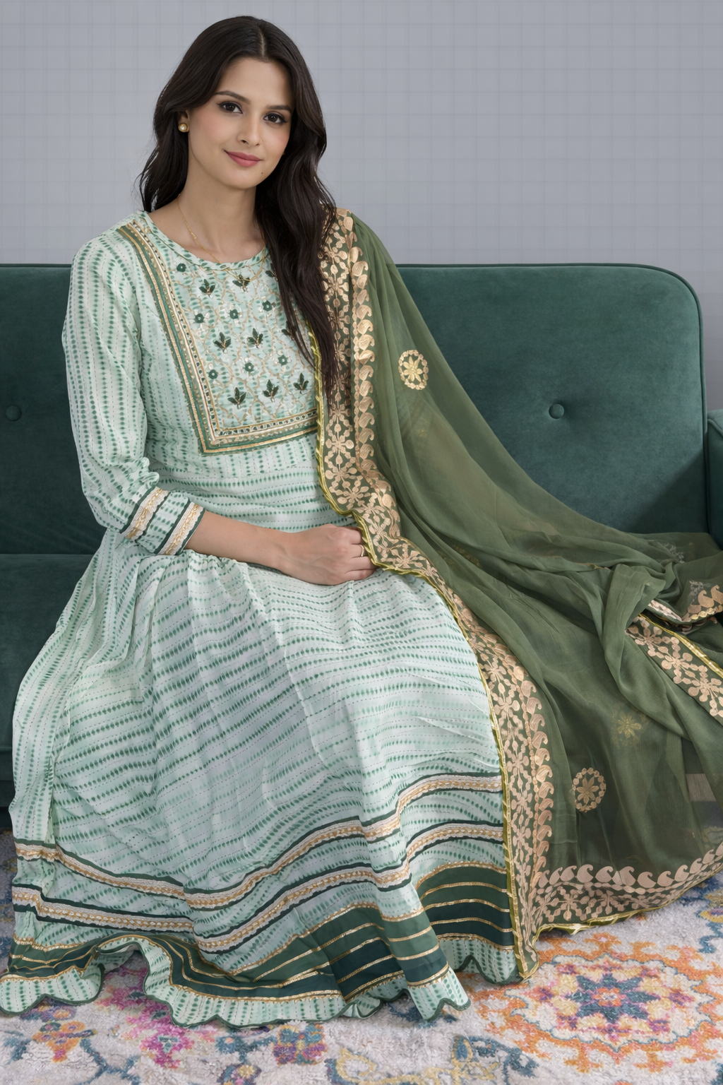 Mint Green Printed Anarkali Suit Set with Olive Embroidered Dupatta
