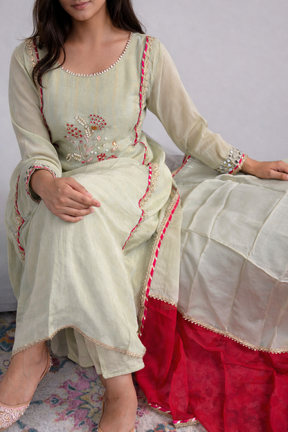 Pista Green Embroidered Lurex Tissue Silk Suit Set with Contrast Pink Dupatta