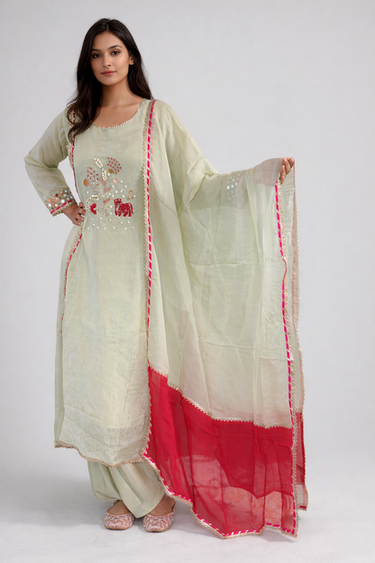 Pista Green Embroidered Lurex Tissue Silk Suit Set with Contrast Pink Dupatta