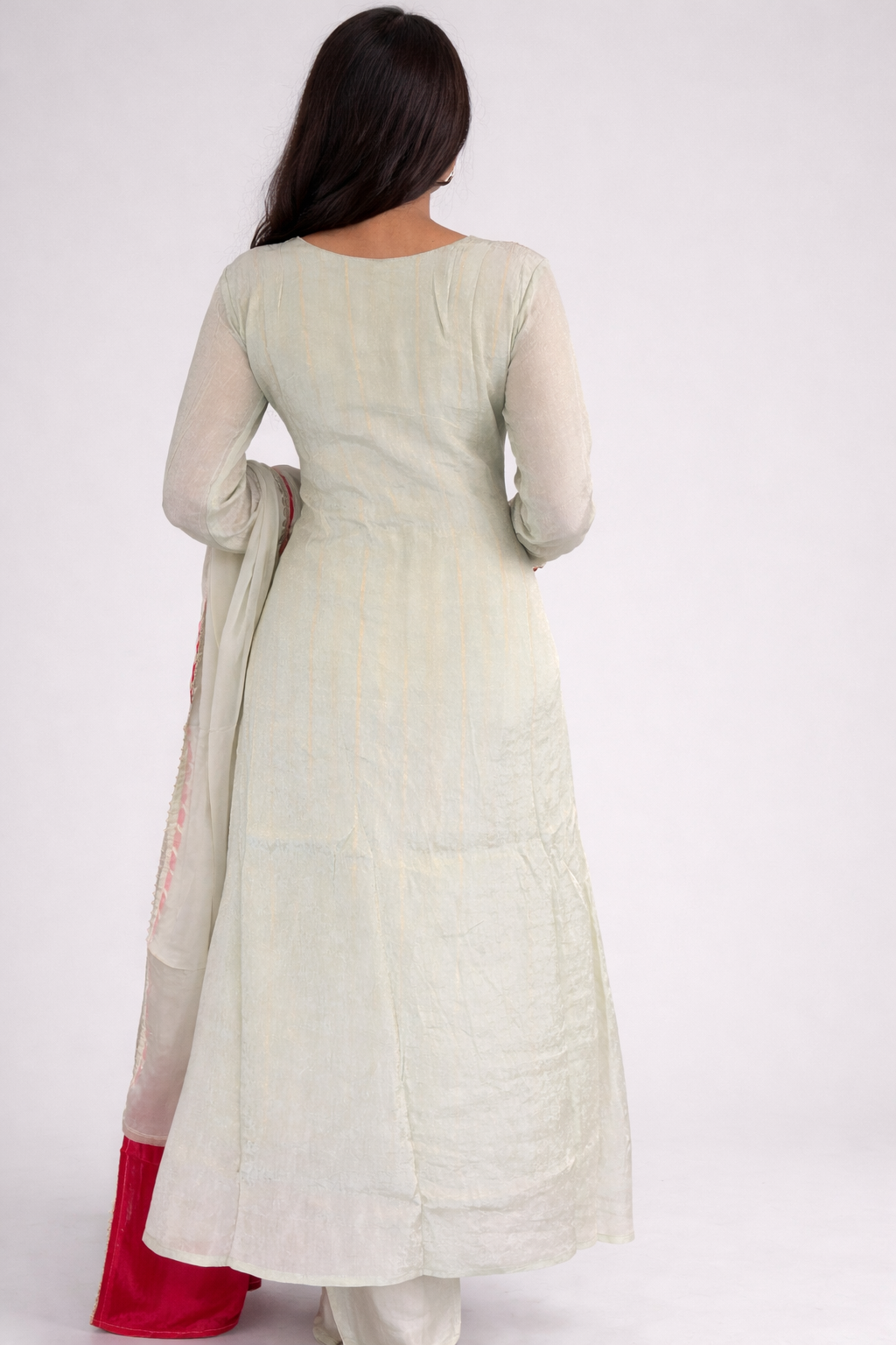 Pista Green Embroidered Lurex Tissue Silk Suit Set with Contrast Pink Dupatta