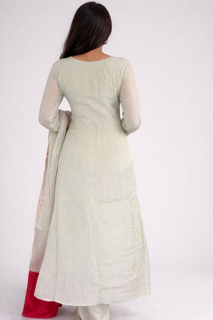 Pista Green Embroidered Lurex Tissue Silk Suit Set with Contrast Pink Dupatta