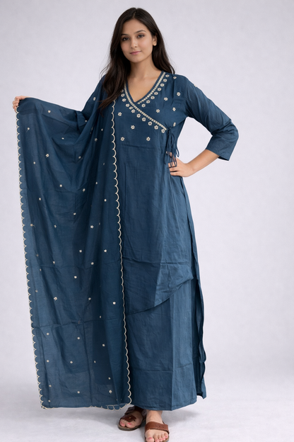 Teal Blue Embroidered Mul Cotton Wrap Style Suit Set with Dupatta