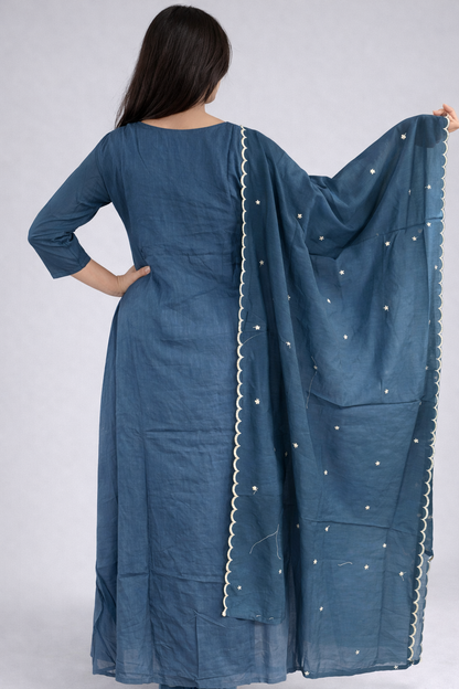 Teal Blue Embroidered Mul Cotton Wrap Style Suit Set with Dupatta