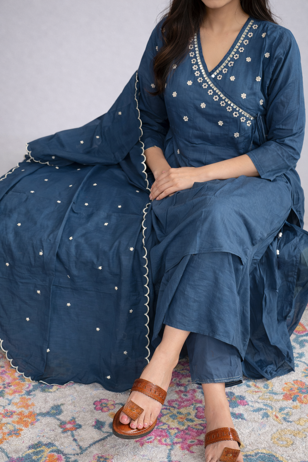 Teal Blue Embroidered Mul Cotton Wrap Style Suit Set with Dupatta