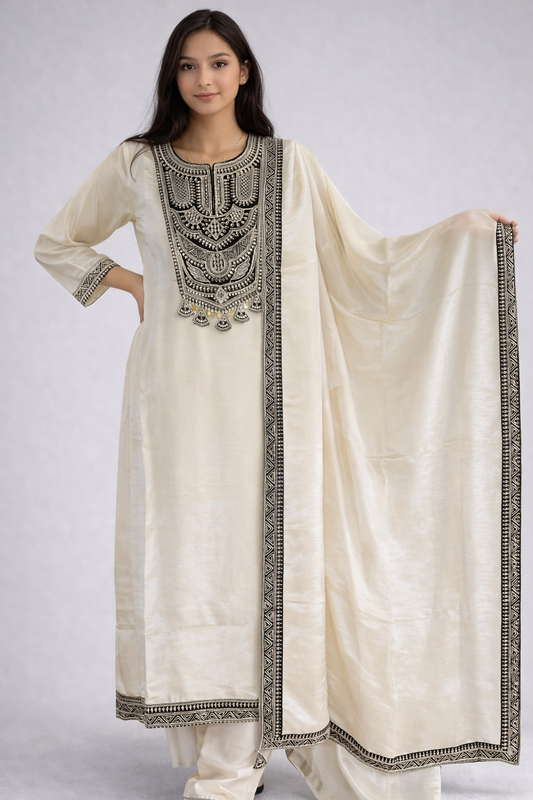 Ivory Embroidered Suit Set with Dupatta - Elegant Festive Wear for Women