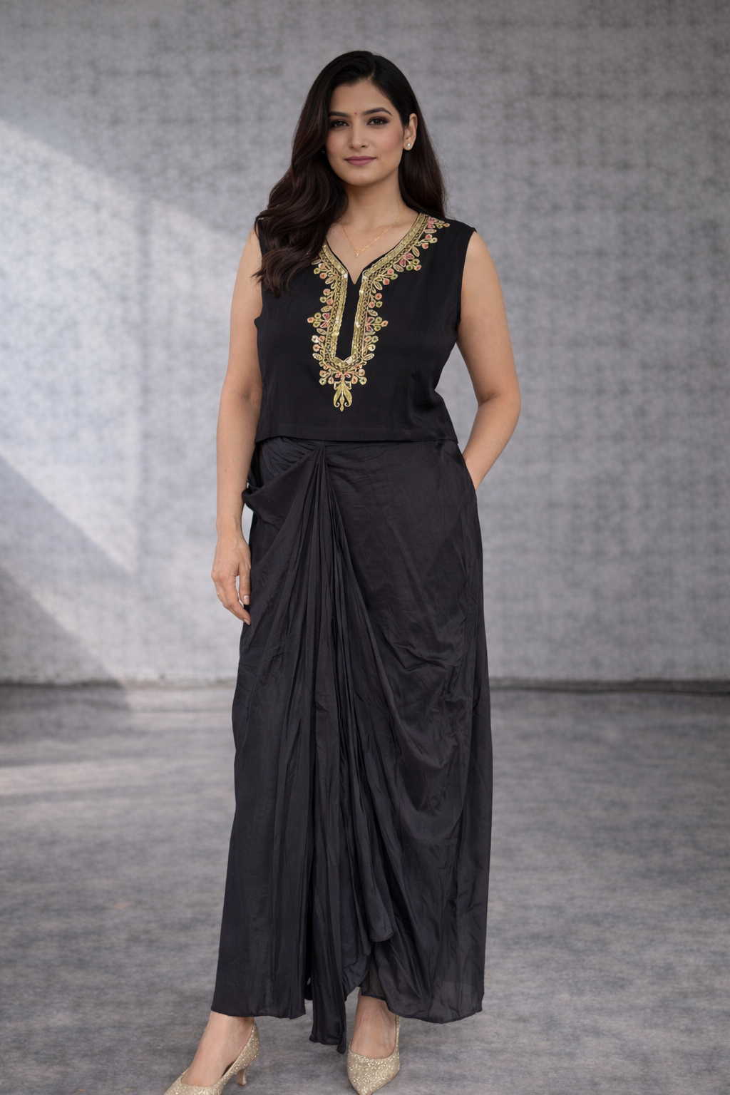 Black embroidered muslin draped Indo Western set by Adishee Australia
