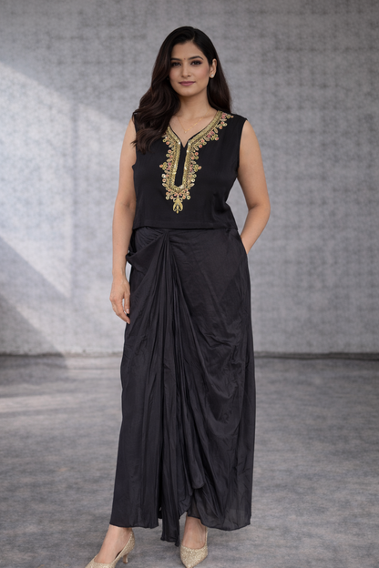Black embroidered muslin draped Indo Western set by Adishee Australia