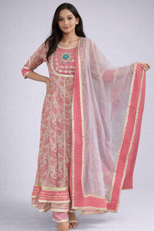 Pink Paisley Printed Cotton Anarkali with Organza Dupatta - Festive Ethnic Wear for Women