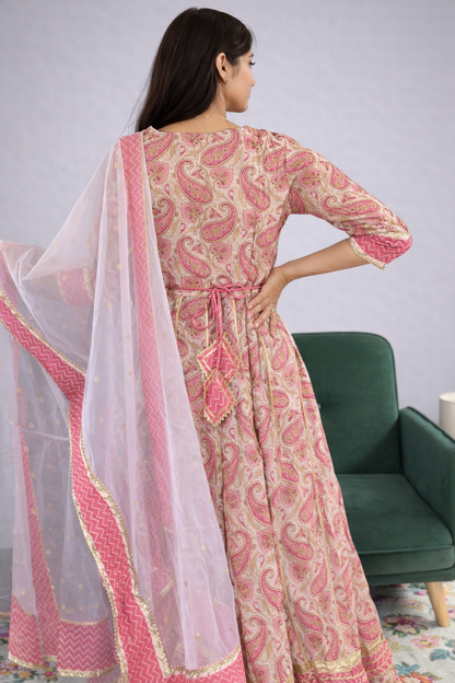 Pink Paisley Printed Cotton Anarkali with Organza Dupatta - Festive Ethnic Wear for Women