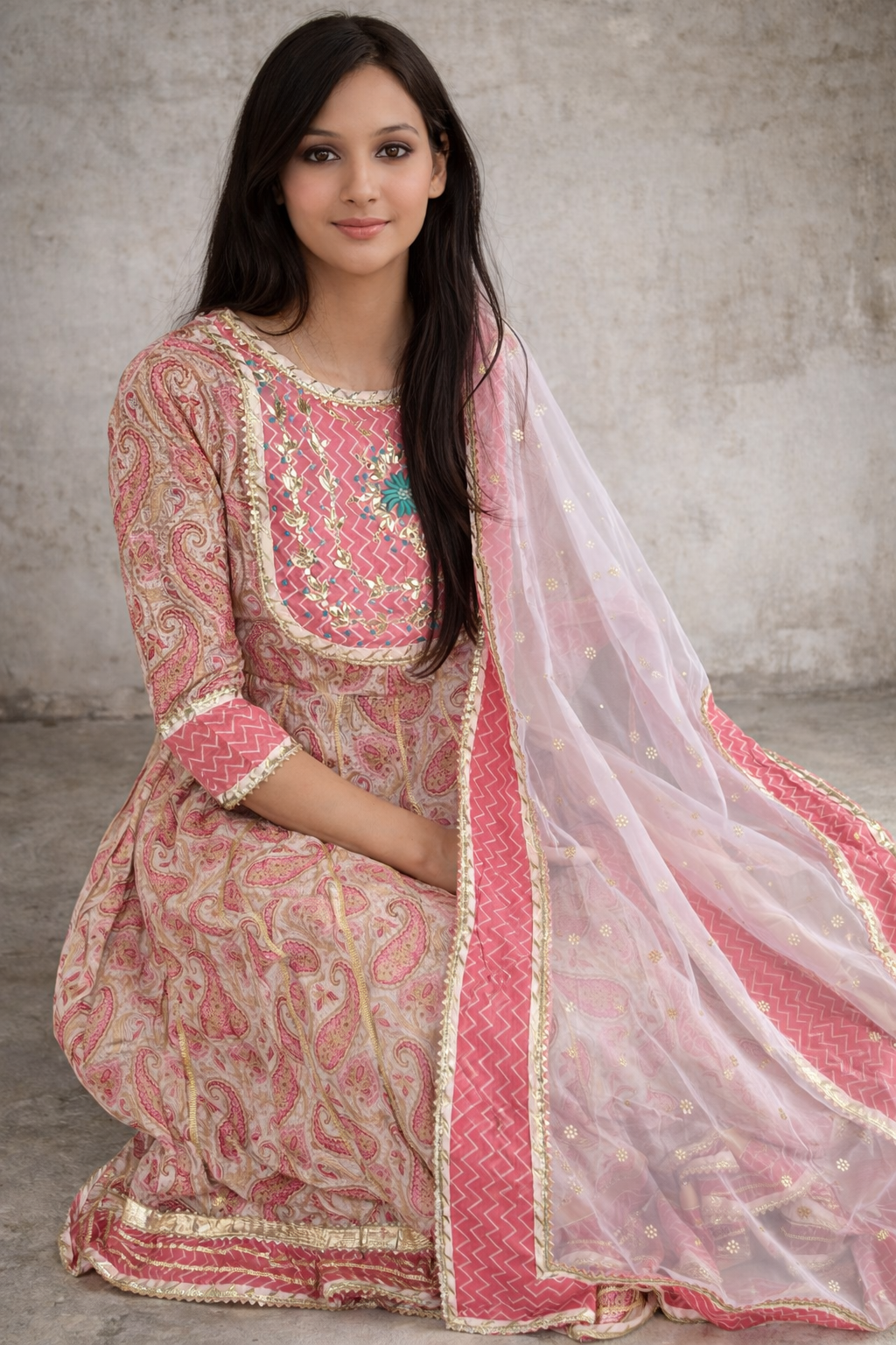 Pink Paisley Printed Cotton Anarkali with Organza Dupatta - Festive Ethnic Wear for Women