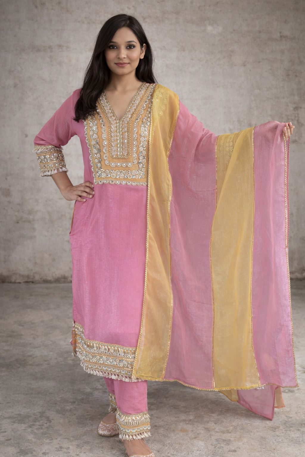 Pink Tissue Embroidered Kurta Set with Dual-Tone Dupatta - Festive Ethnic Wear