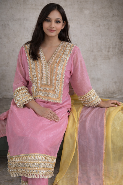 Pink Tissue Embroidered Kurta Set with Dual-Tone Dupatta - Festive Ethnic Wear