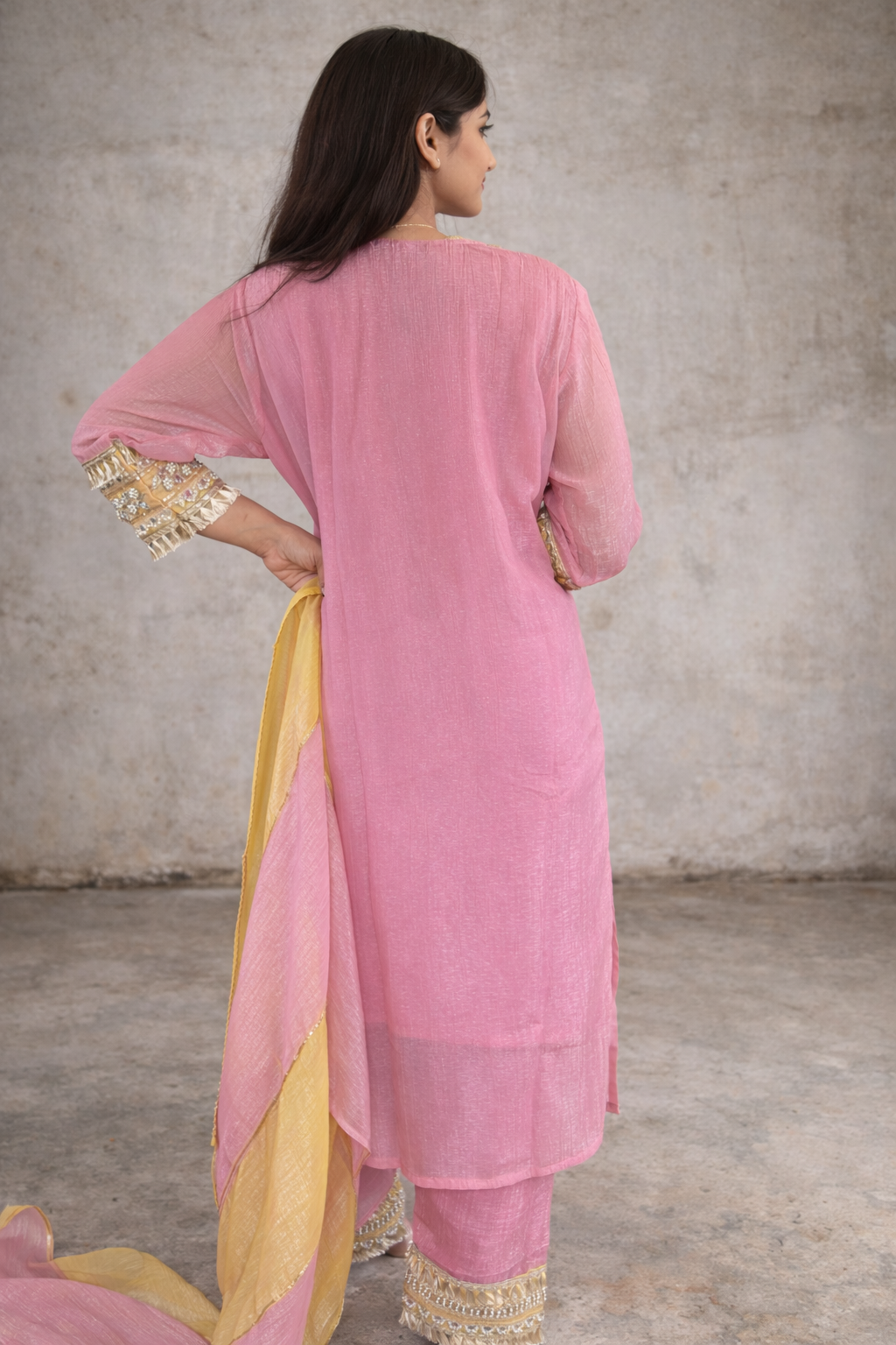 Pink Tissue Embroidered Kurta Set with Dual-Tone Dupatta - Festive Ethnic Wear