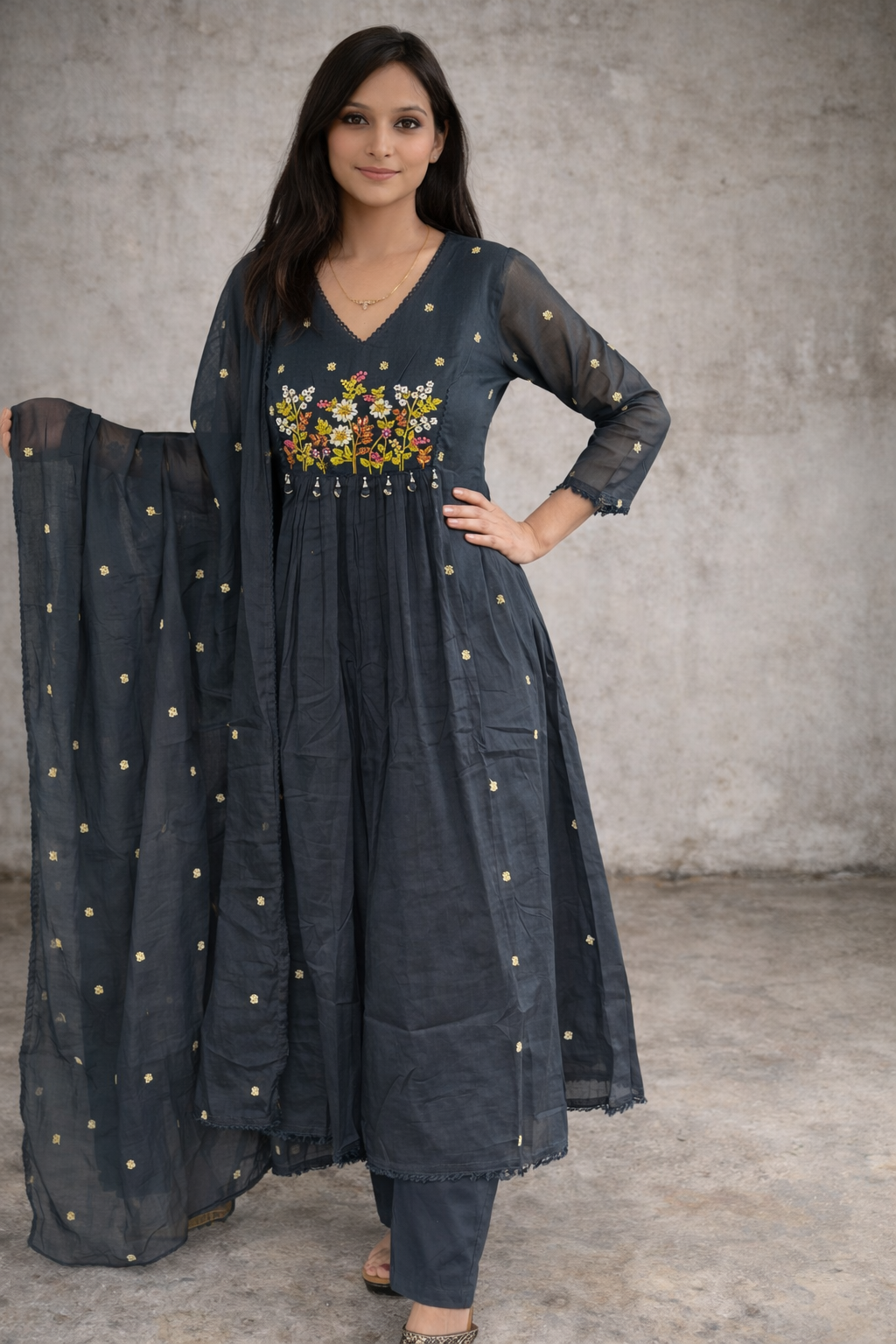 Dark Blue Mul Cotton Embroidered Kurta Set with Dupatta - Festive Ethnic Wear