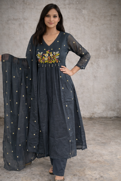 Dark Blue Mul Cotton Embroidered Kurta Set with Dupatta - Festive Ethnic Wear