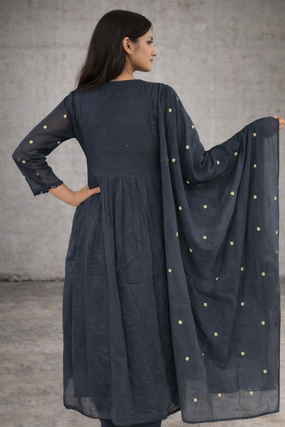 Dark Blue Mul Cotton Embroidered Kurta Set with Dupatta - Festive Ethnic Wear