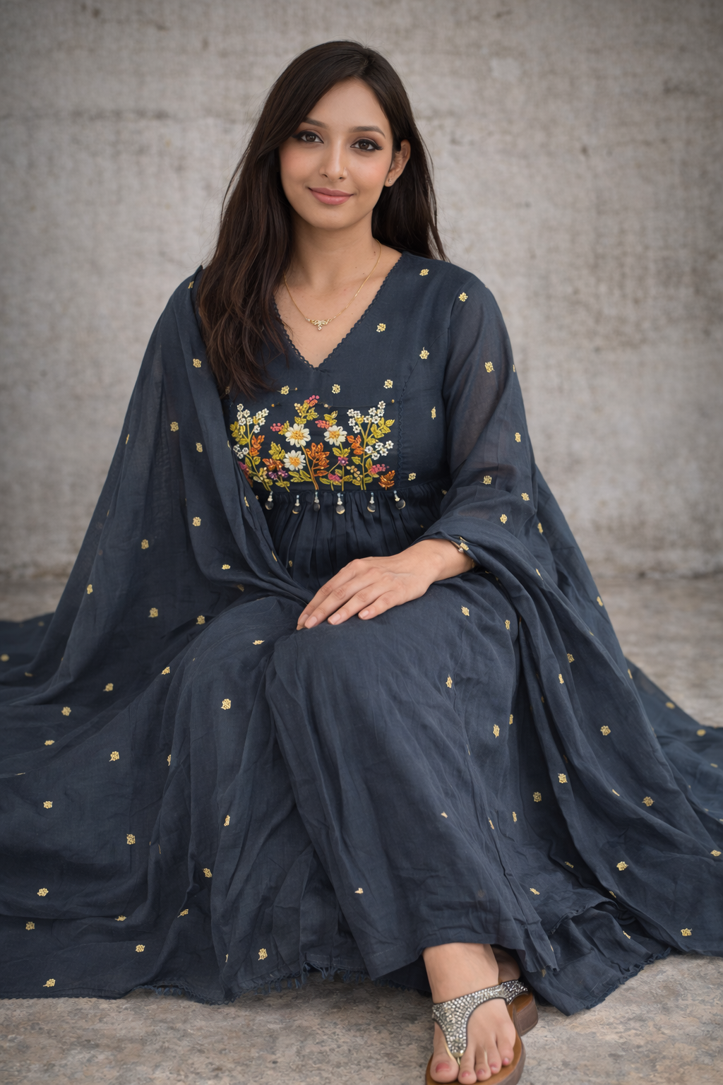Dark Blue Mul Cotton Embroidered Kurta Set with Dupatta - Festive Ethnic Wear
