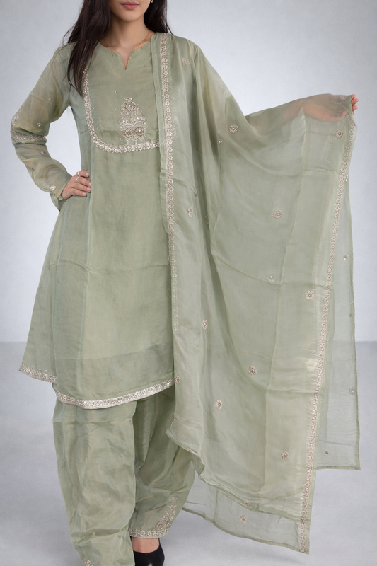 Sage Green Embroidered Tissue Shimmer Kurta Set with Dupatta - Elegant Ethnic Wear