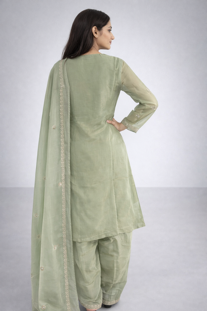Sage Green Embroidered Tissue Shimmer Kurta Set with Dupatta - Elegant Ethnic Wear