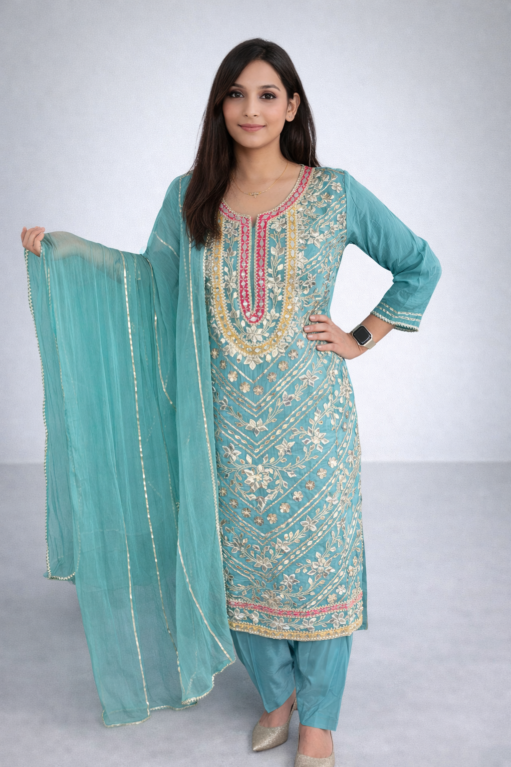 Teal Embroidered Kurta Set with Dupatta - Elegant Festive Ethnic Wear