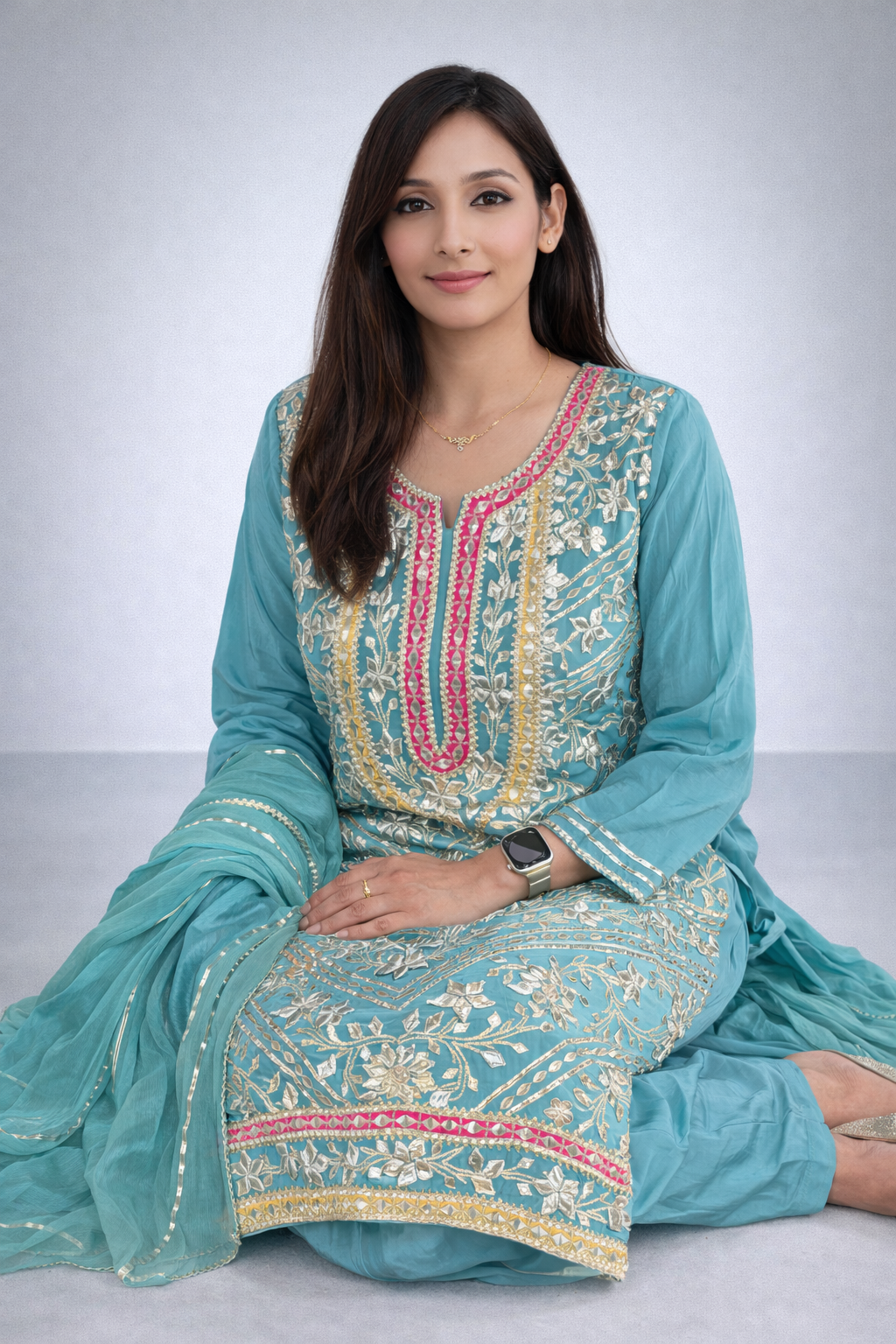 Teal Embroidered Kurta Set with Dupatta - Elegant Festive Ethnic Wear