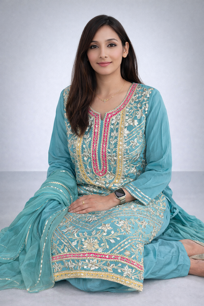 Teal Embroidered Kurta Set with Dupatta - Elegant Festive Ethnic Wear