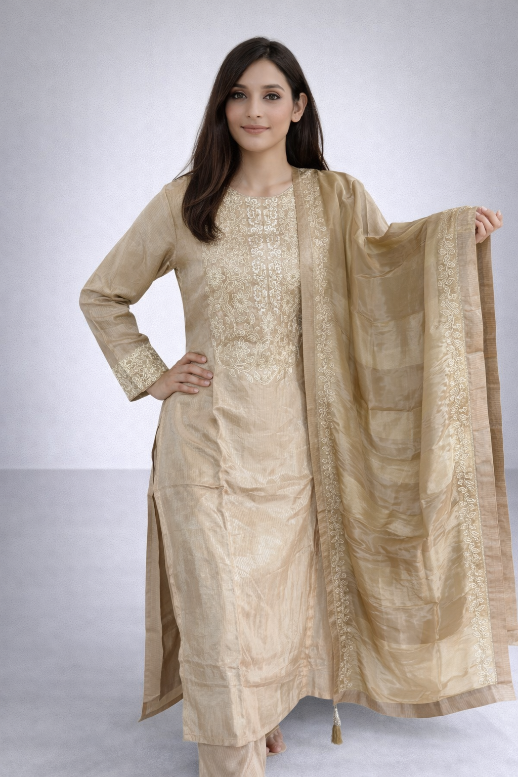 Beige embroidered kurta set with dupatta by Adishee Australia